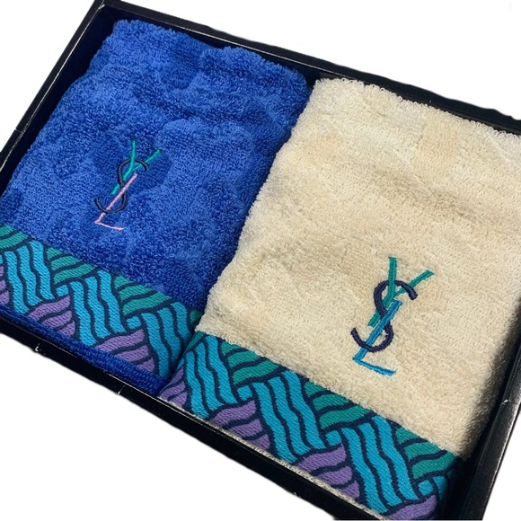 Yves Saint Laurent Cream and Blue Hand Towels